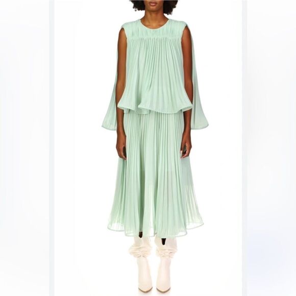 AMUR Arlette Dress in Soft Sage pleated midi sheer trapeze swing Revolve $598 6 - Picture 2 of 16